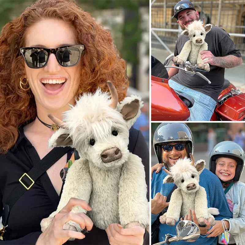 Handcrafted Highland Cow Plush with Flowers on Its Head and Posable Limbs in White Or Brown