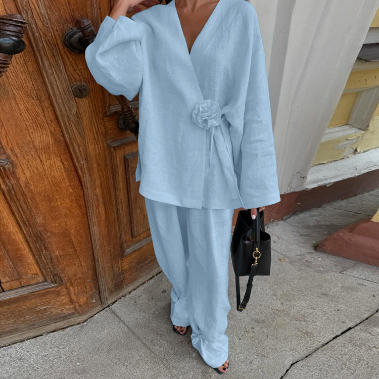 Riafu Floral V-Neck Long-Sleeve Wrap Top and Drawstring Wide-Leg Pants Set