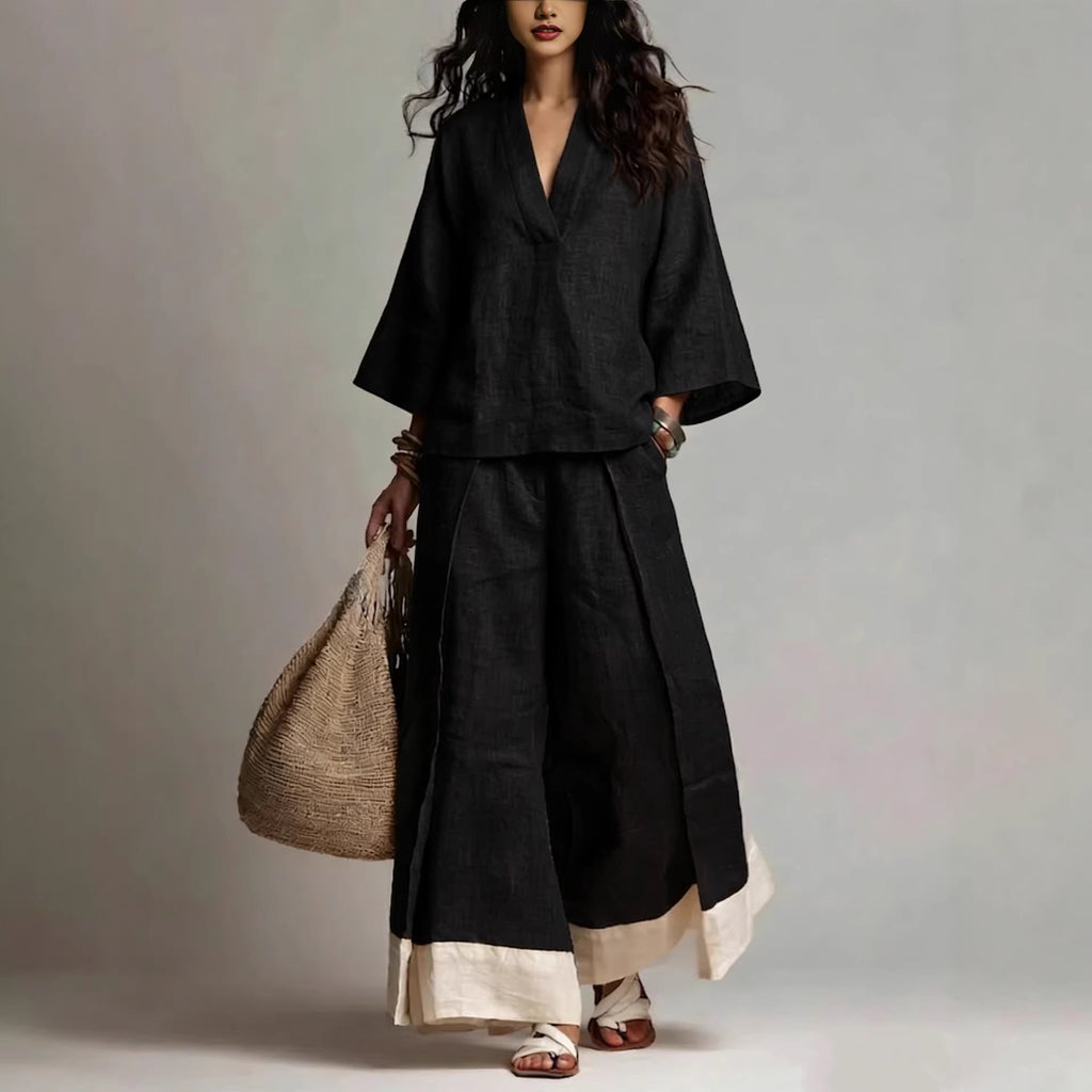 Riafu Women's Cotton-Linen V-Neck Three-Quarter Sleeve Shirt and Wide-Leg Pants Set