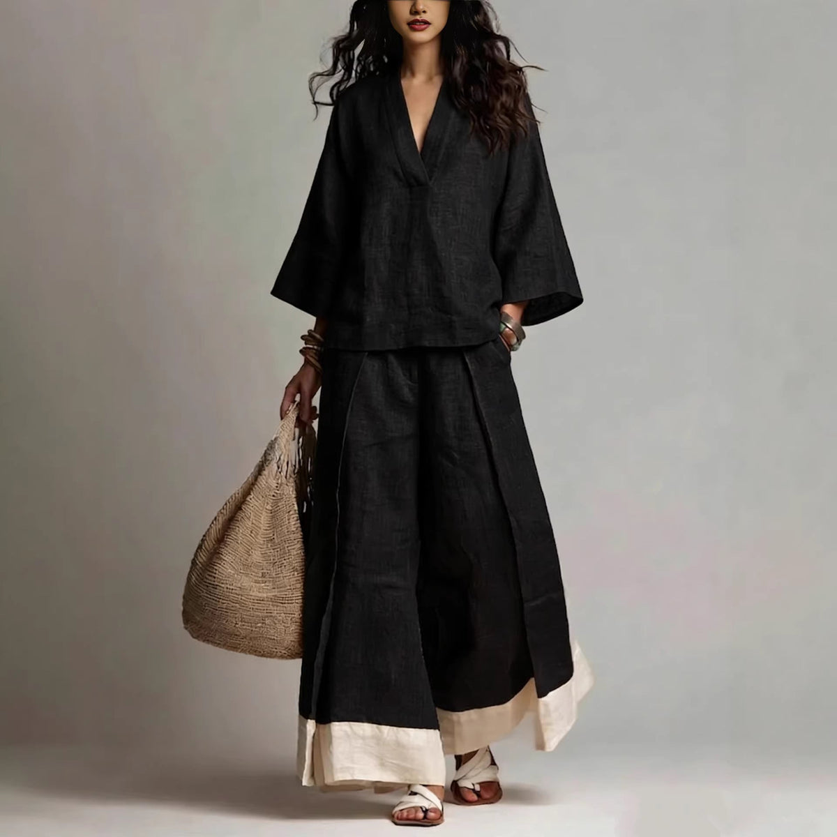 Riafu Women's Cotton-Linen V-Neck Three-Quarter Sleeve Shirt and Wide-Leg Pants Set