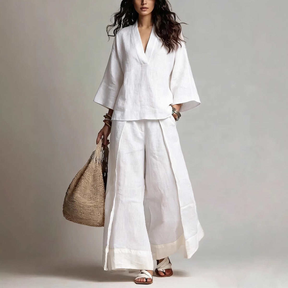 Riafu Women's Cotton-Linen V-Neck Three-Quarter Sleeve Shirt and Wide-Leg Pants Set