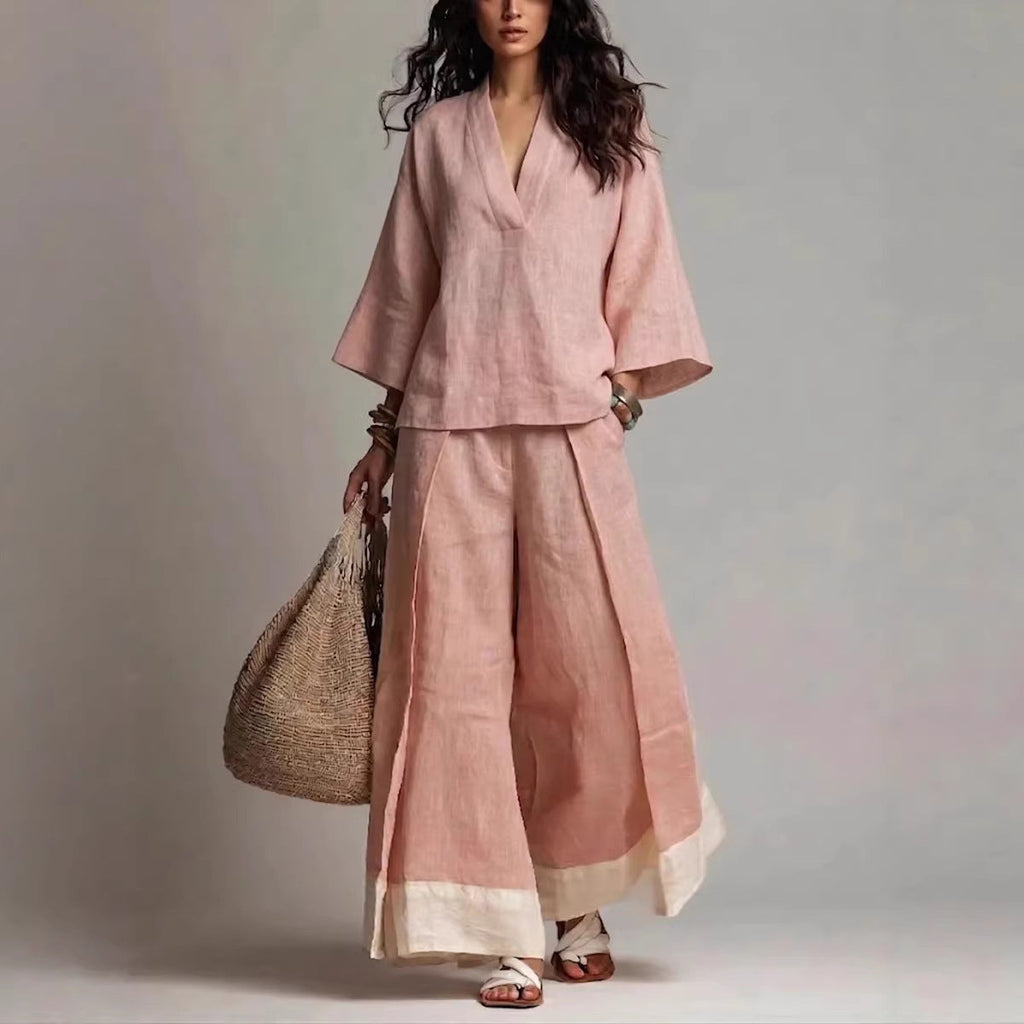 Riafu Women's Cotton-Linen V-Neck Three-Quarter Sleeve Shirt and Wide-Leg Pants Set