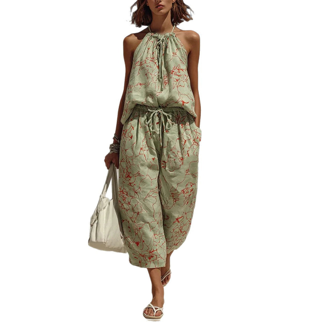 Riafu Minimalist Digital-Print Backless Camisole and Cropped Wide-Leg Pants Set