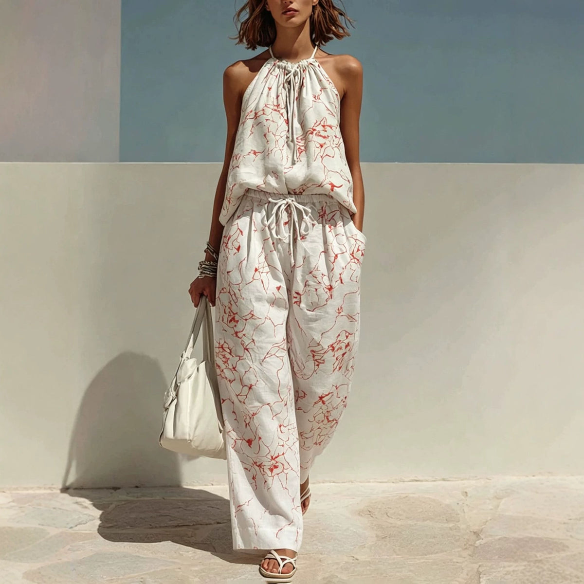 Riafu Minimalist Digital-Print Backless Camisole and Cropped Wide-Leg Pants Set
