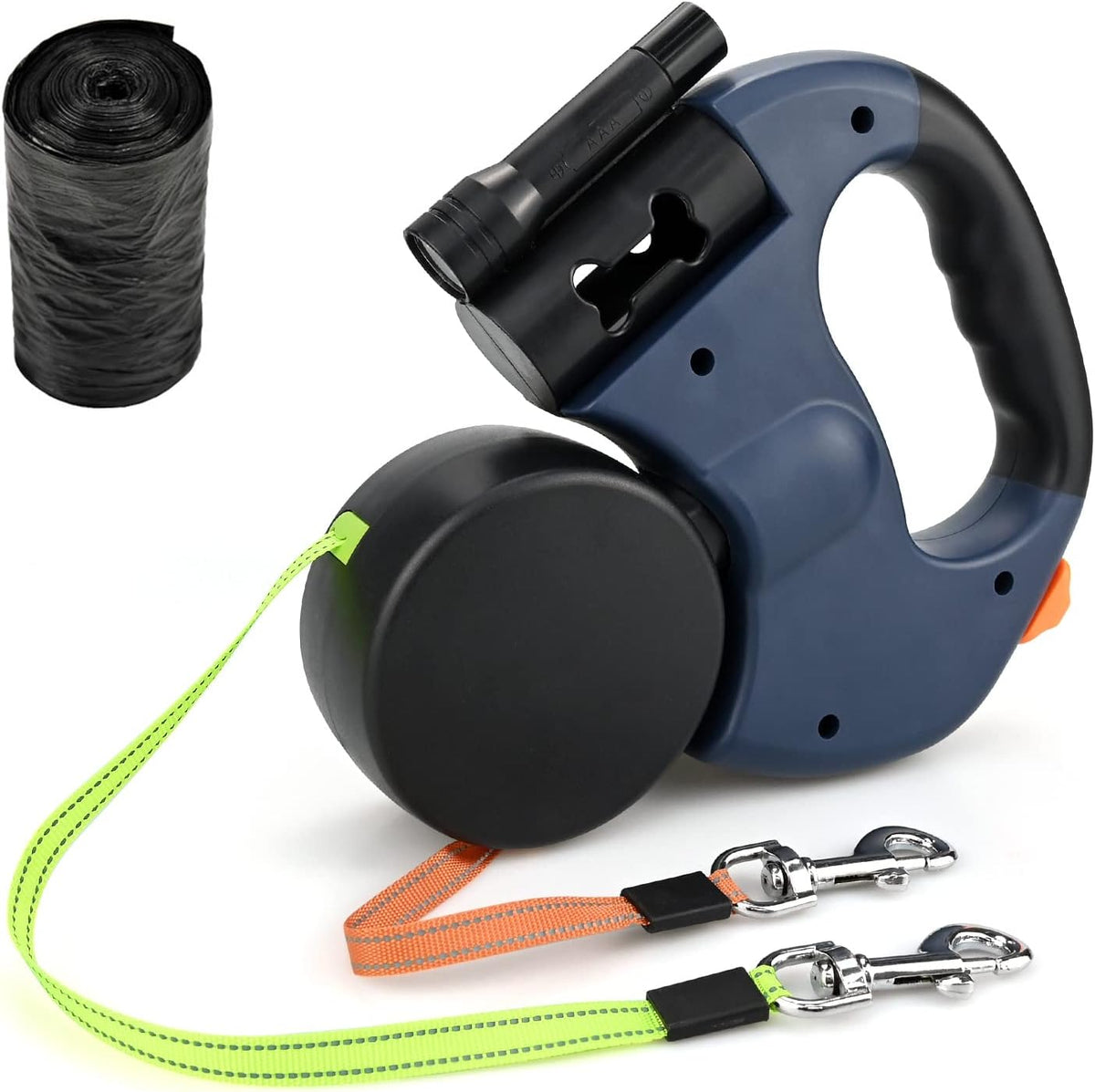 Dual Retractable Dog Leash for Two Dogs, 2 × 10 ft / 3 m Leads, 360° Anti-Tangle, One-Hand Brake with LED Flashlight