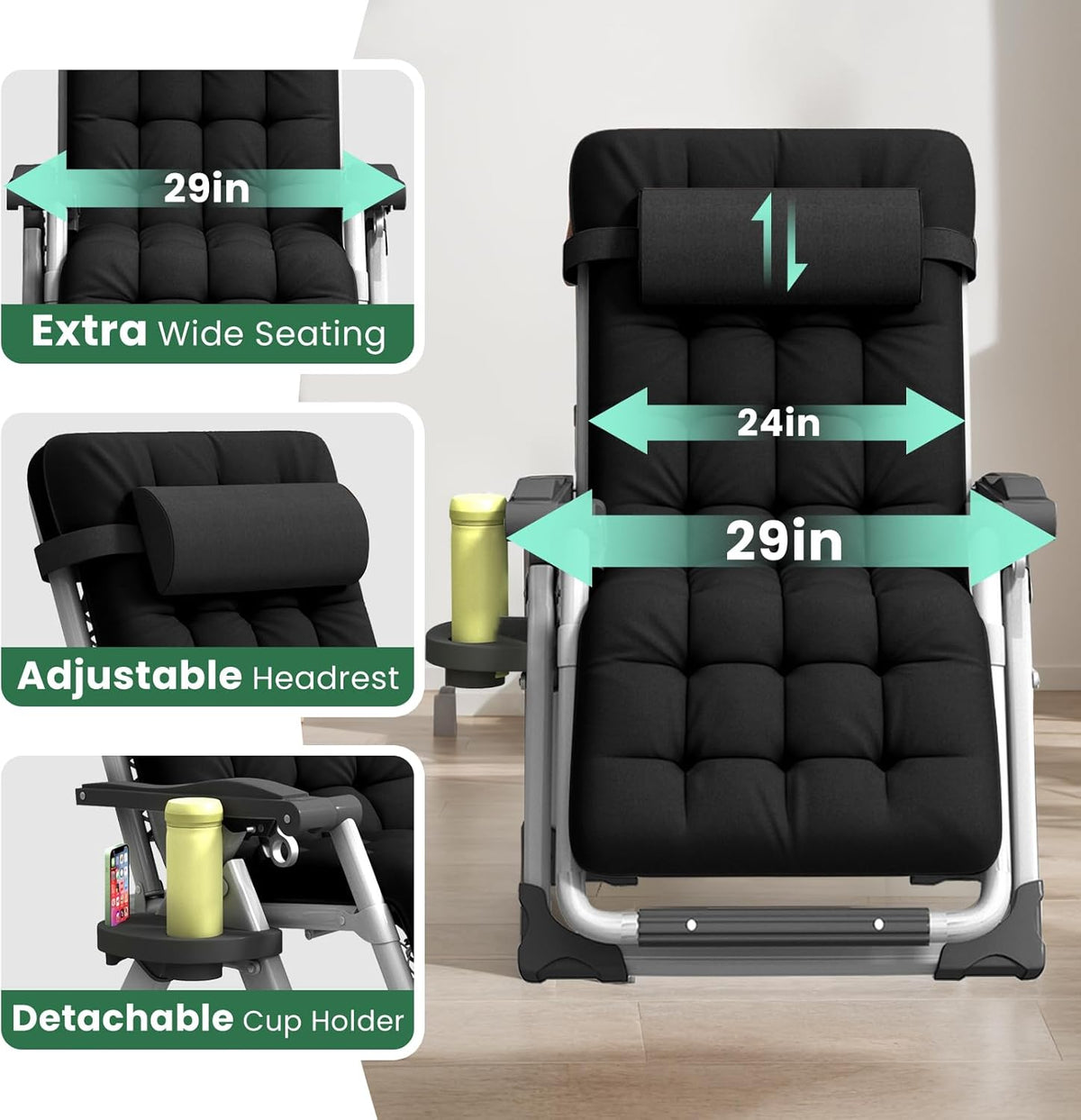Riafu Outdoor Lounge Chair for Back Pain – Reclining Folding Chair, 500LB Support
