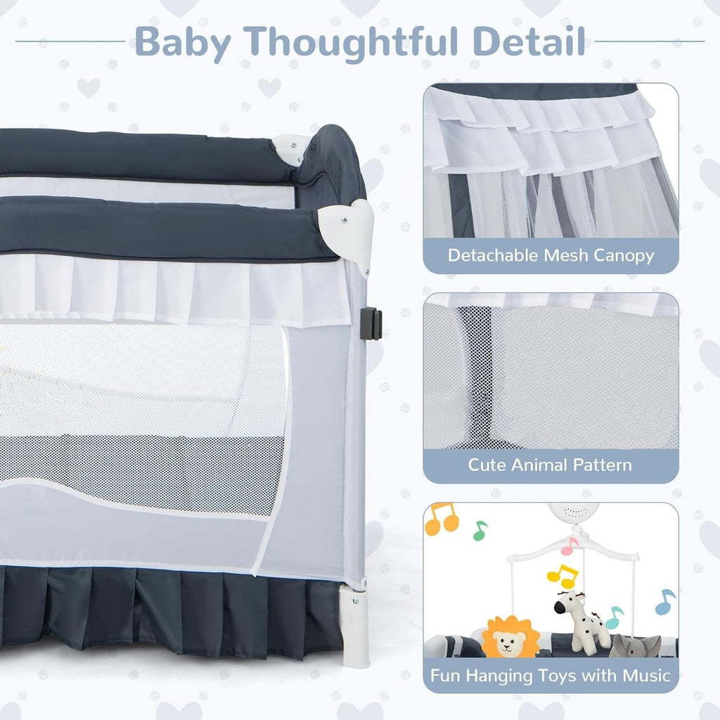 Riafu Portable Baby Playard Crib Bassinet Bed W/ Table Canopy Music Box
