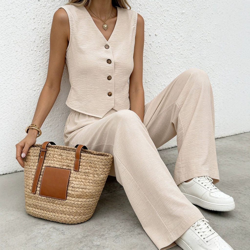 Riafu Women's Casual Front-Button Vest and Full-Length Trousers Two-Piece Set