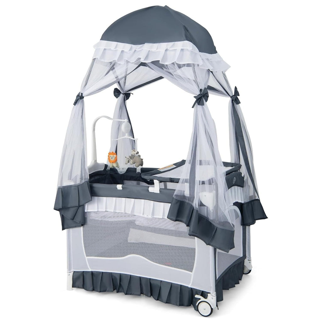 Riafu Portable Baby Playard Crib Bassinet Bed W/ Table Canopy Music Box
