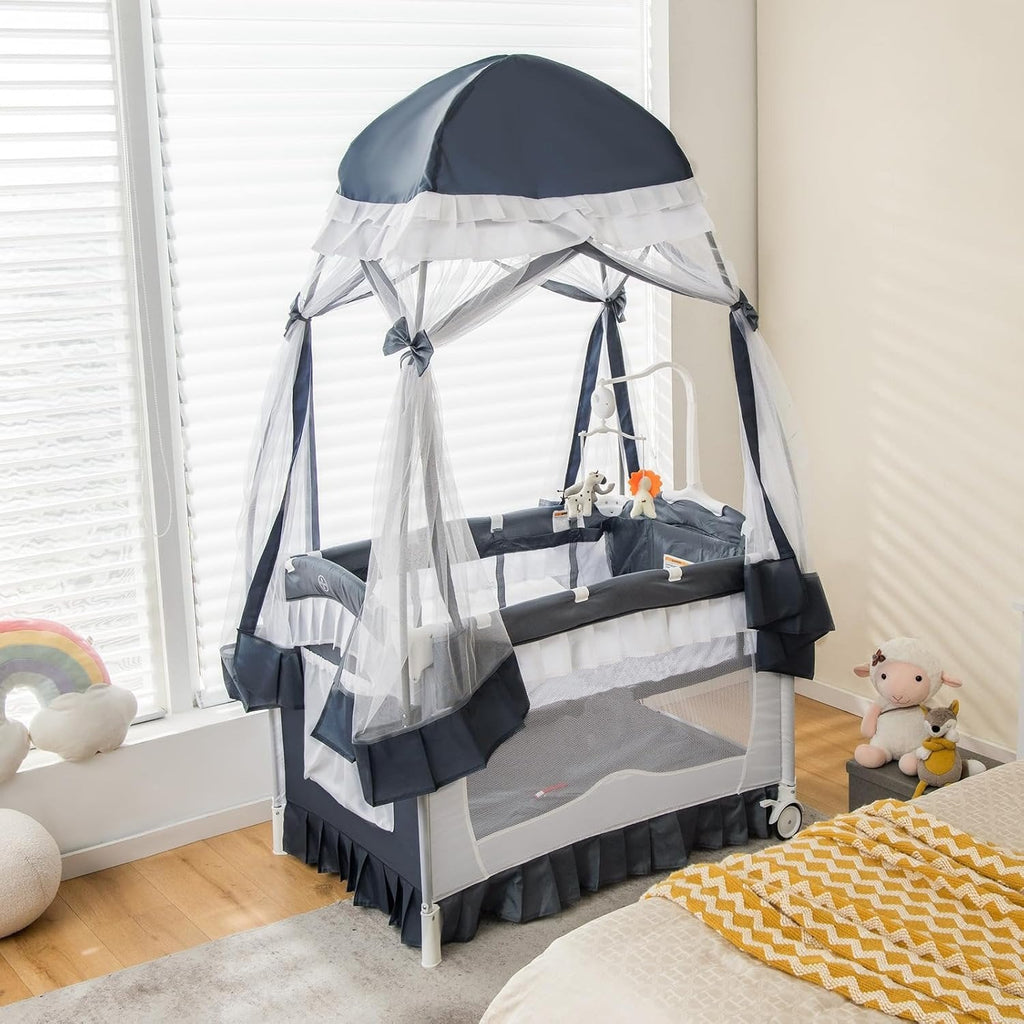 Riafu Portable Baby Playard Crib Bassinet Bed W/ Table Canopy Music Box