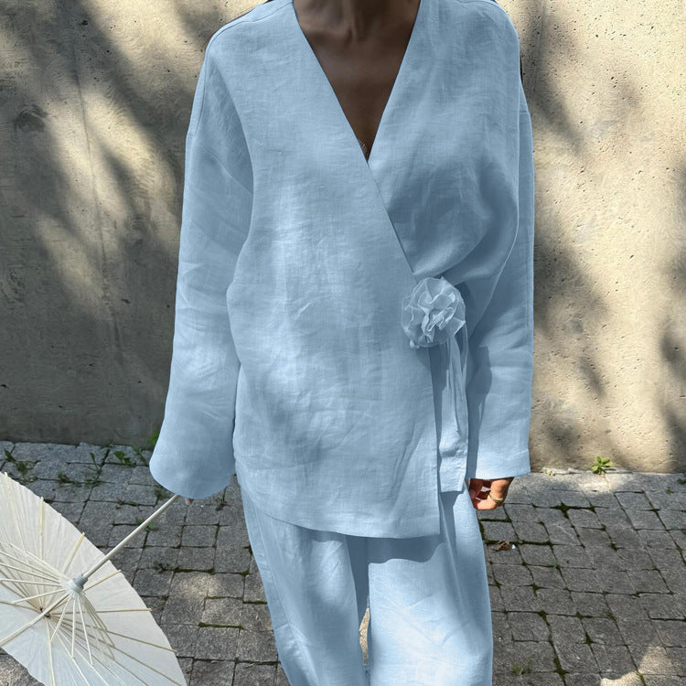 Riafu Floral V-Neck Long-Sleeve Wrap Top and Drawstring Wide-Leg Pants Set