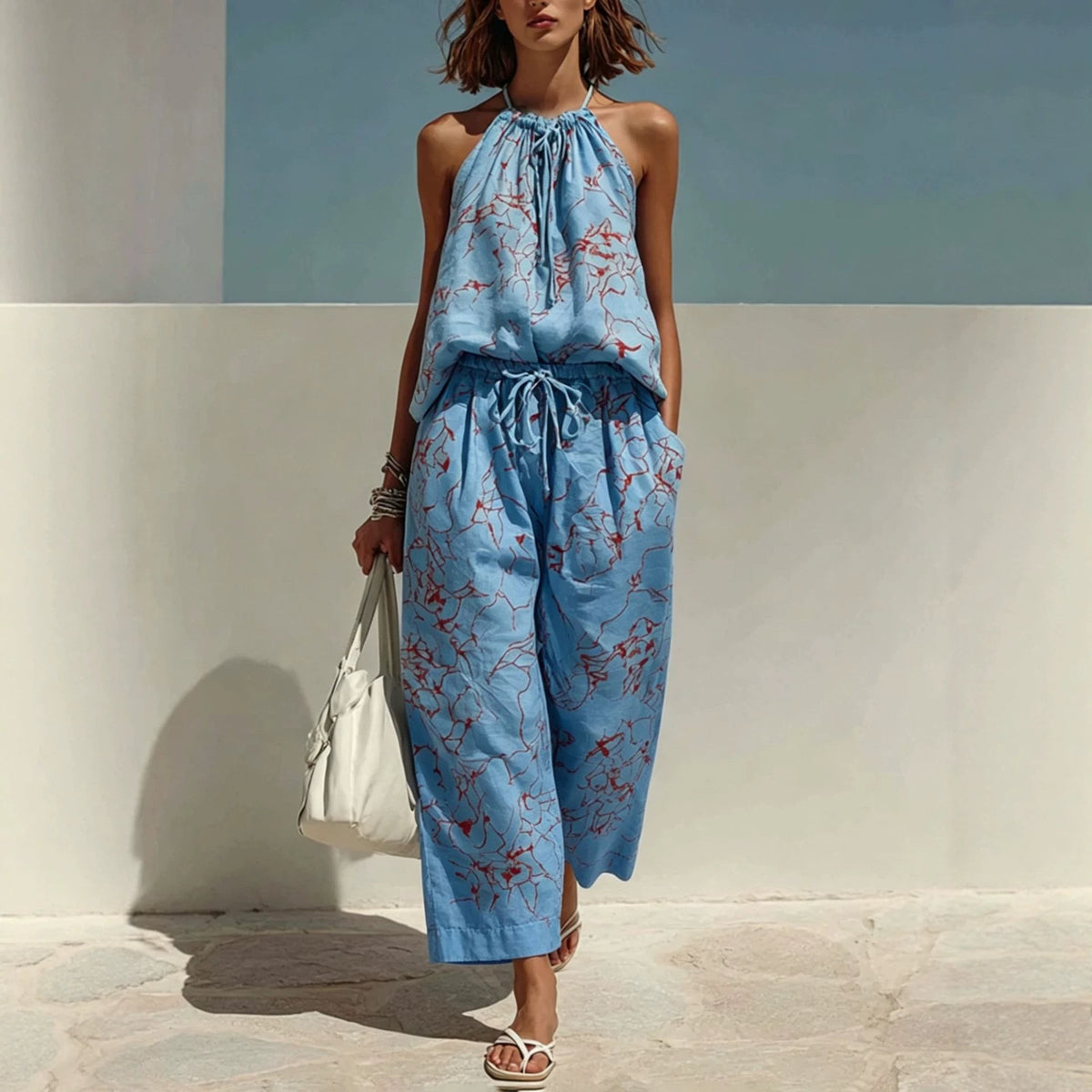 Riafu Minimalist Digital-Print Backless Camisole and Cropped Wide-Leg Pants Set