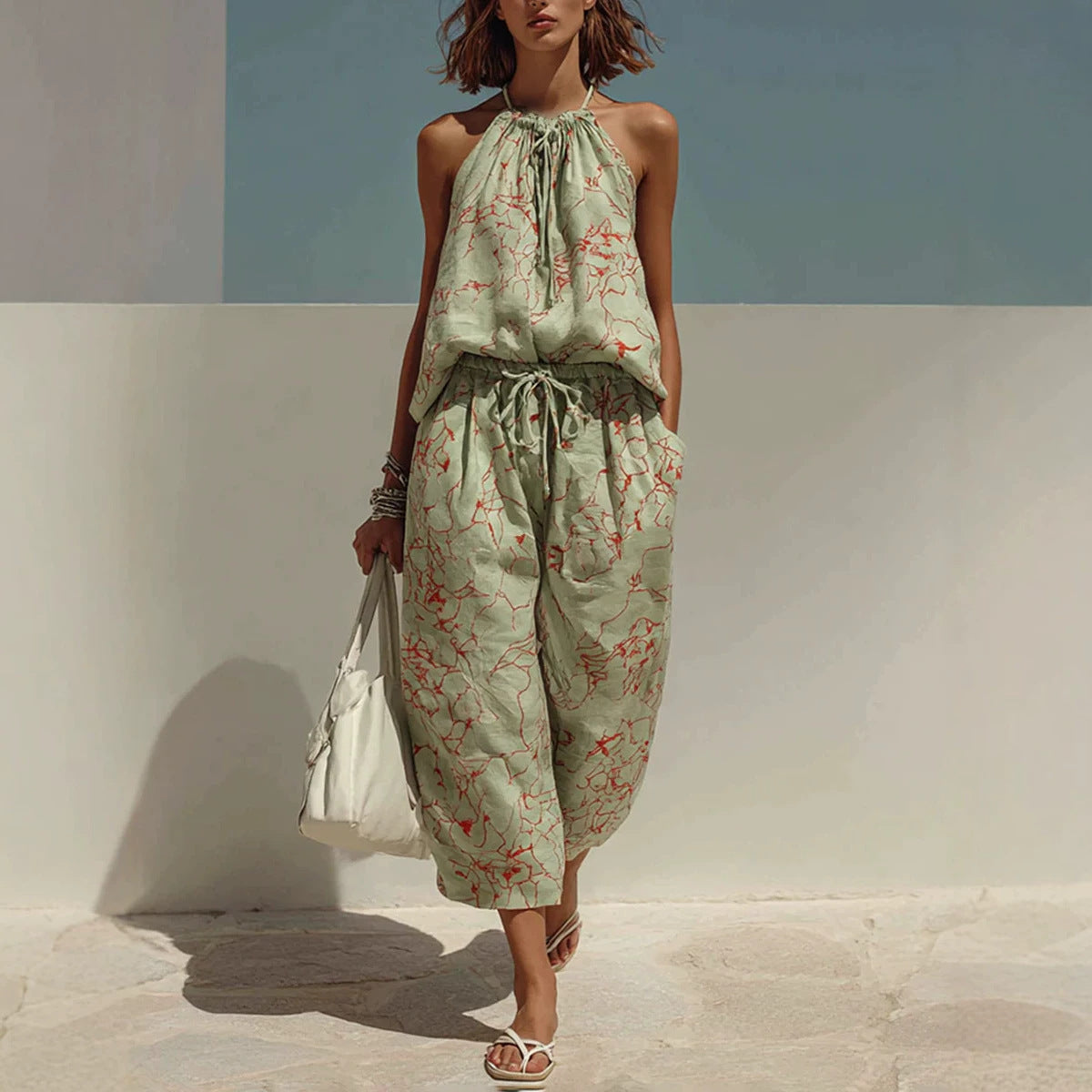 Riafu Minimalist Digital-Print Backless Camisole and Cropped Wide-Leg Pants Set