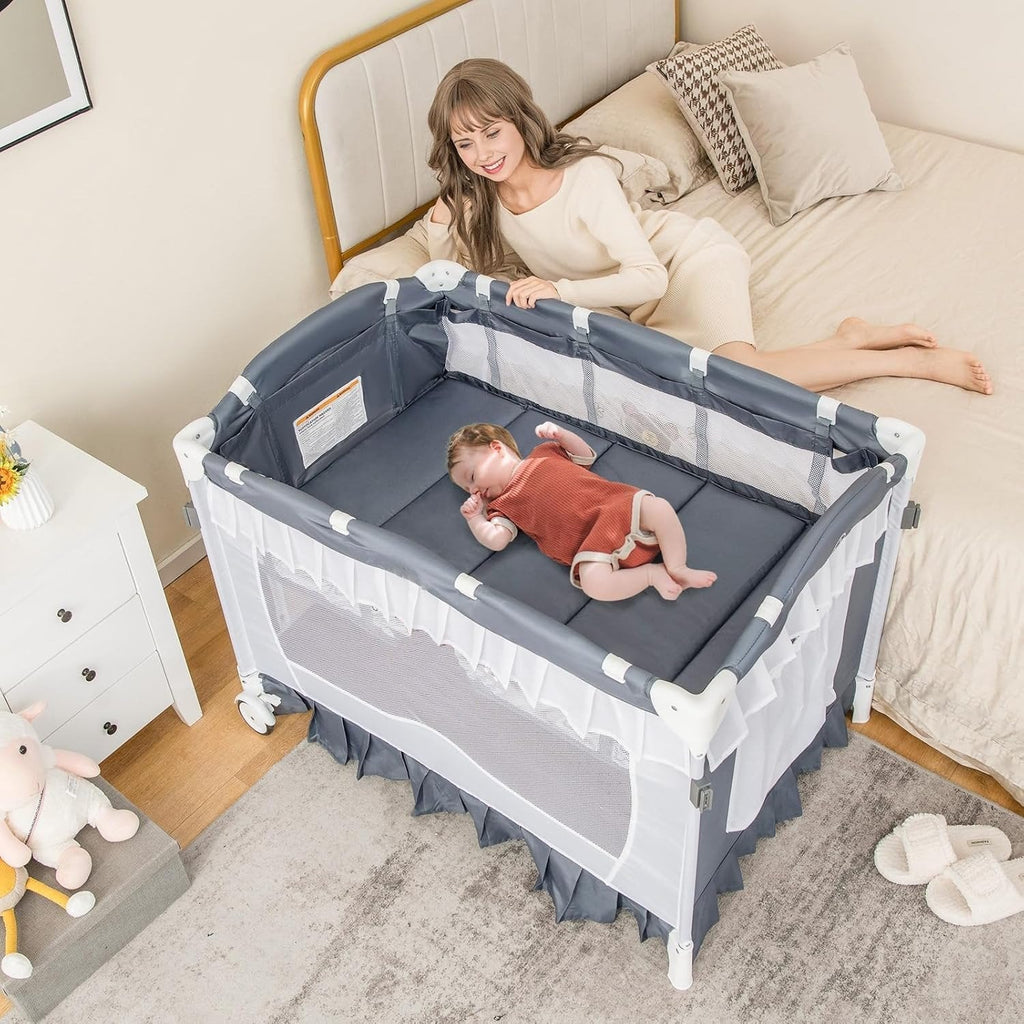 Riafu Portable Baby Playard Crib Bassinet Bed W/ Table Canopy Music Box