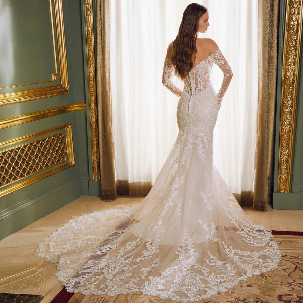 Riafu Off-Shoulder Lace Long-Sleeve Fishtail Gown with Mid-Waist Silhouette