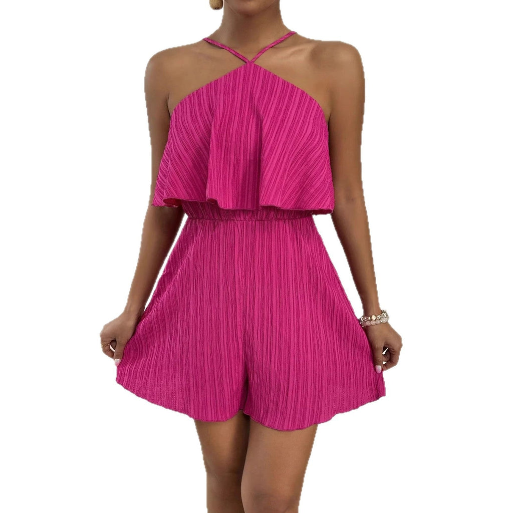 Riafu Crinkled Halter Neck Ruffled Jumpsuit with High-Waist Flared Legs