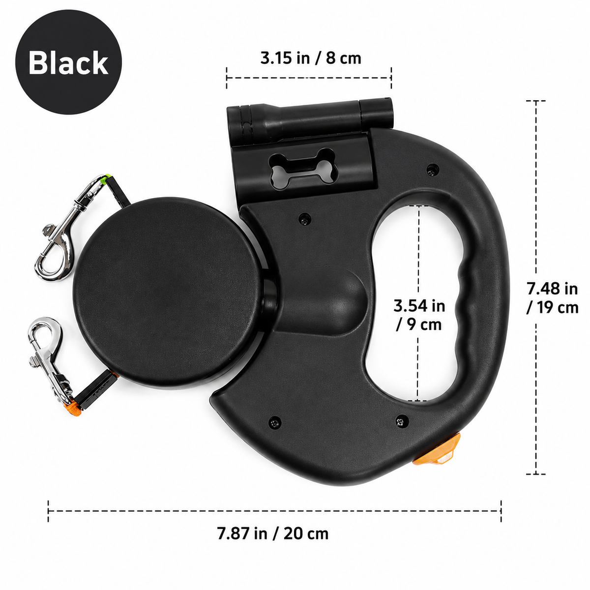 Dual Retractable Dog Leash for Two Dogs, 2 × 10 ft / 3 m Leads, 360° Anti-Tangle, One-Hand Brake with LED Flashlight