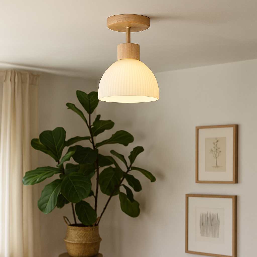 Scandinavian Ceiling Light | Wood Glass Dome Design