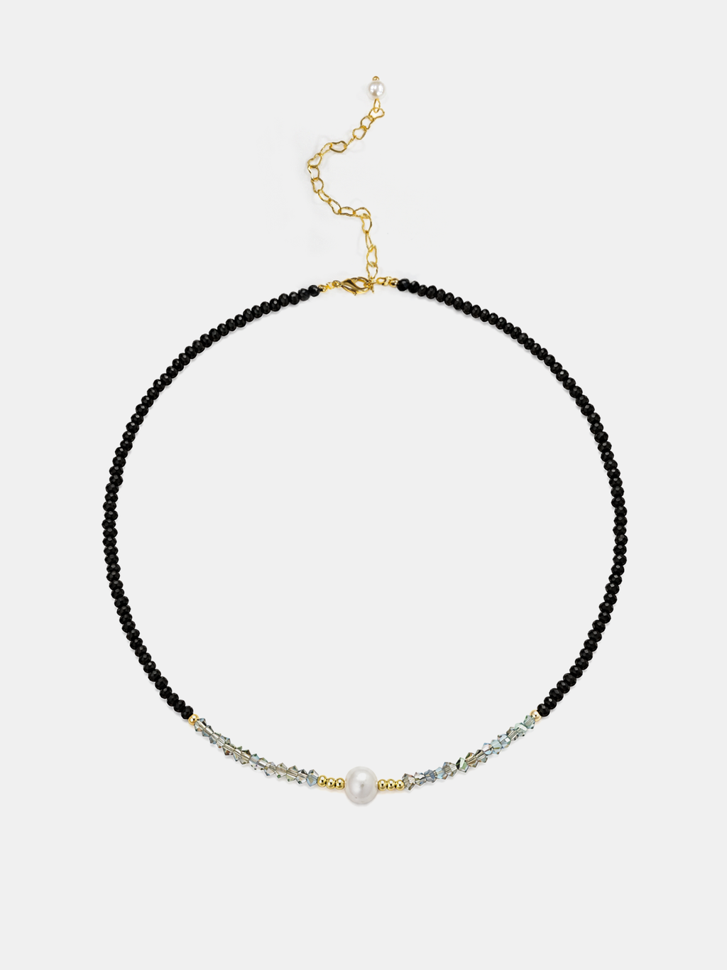Black Beaded Choker Necklace with Single Pearl Accent, 16.9 Inches Long