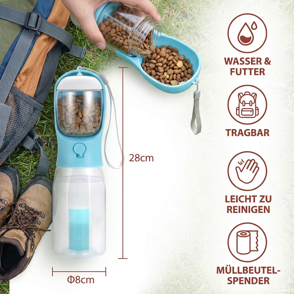 Dog Water Bottle 3-in-1 Food & Waste 600ml