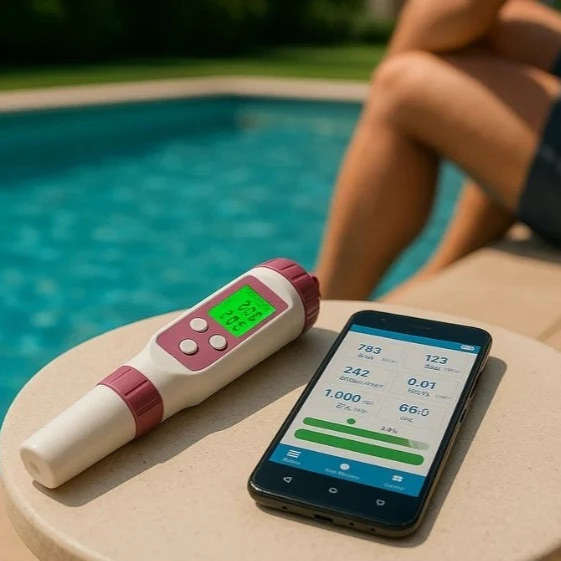 Riafu – Digital Pool Water Tester | 7-in-1 Electronic Test Kit with Mobile App | Accurate Water Analysis for Pools and Spas