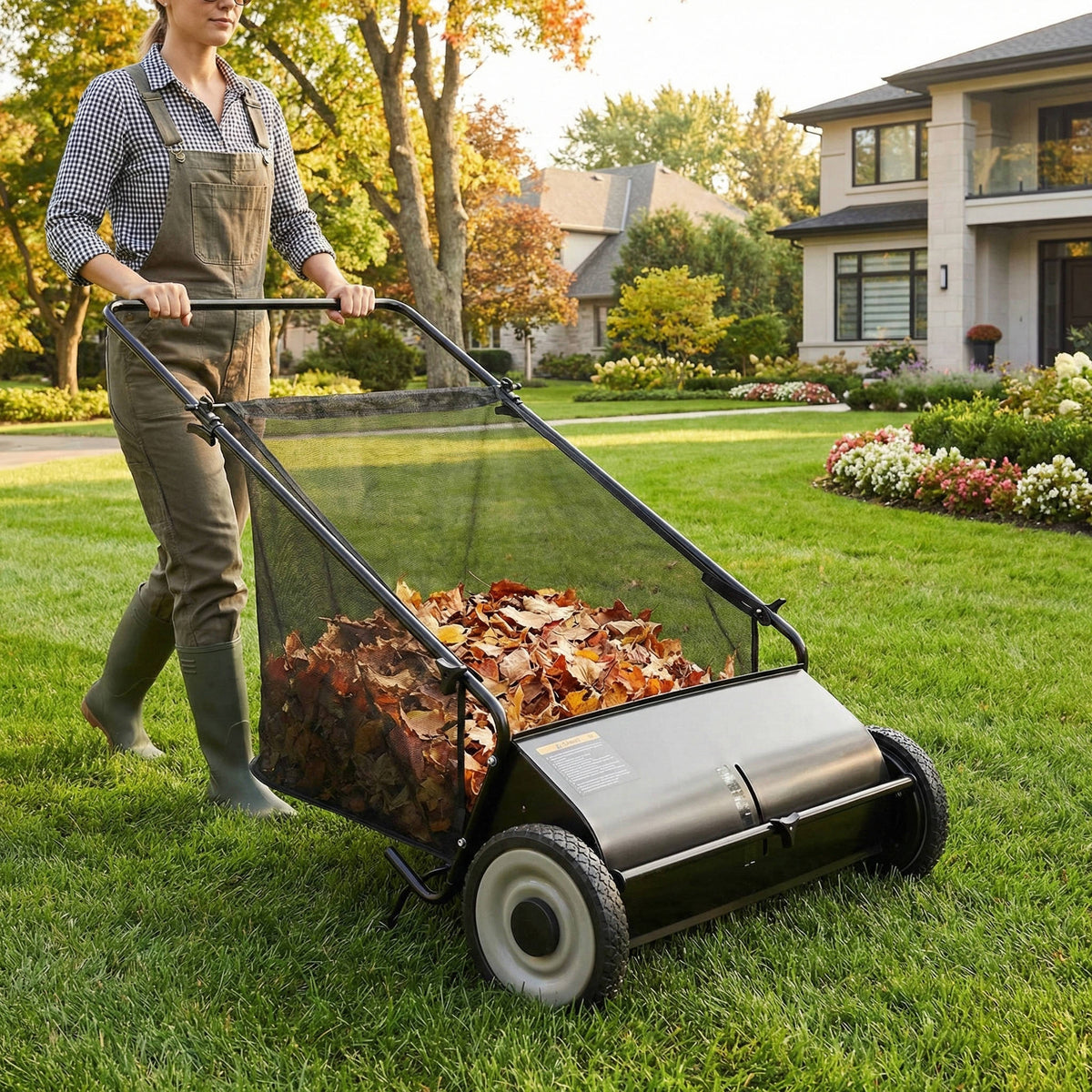 Riafu Push Lawn Sweeper 26 Inch 7 Cu Ft Leaf Collector with Adjustable Height Manual Grass Sweeper for Yard Garden