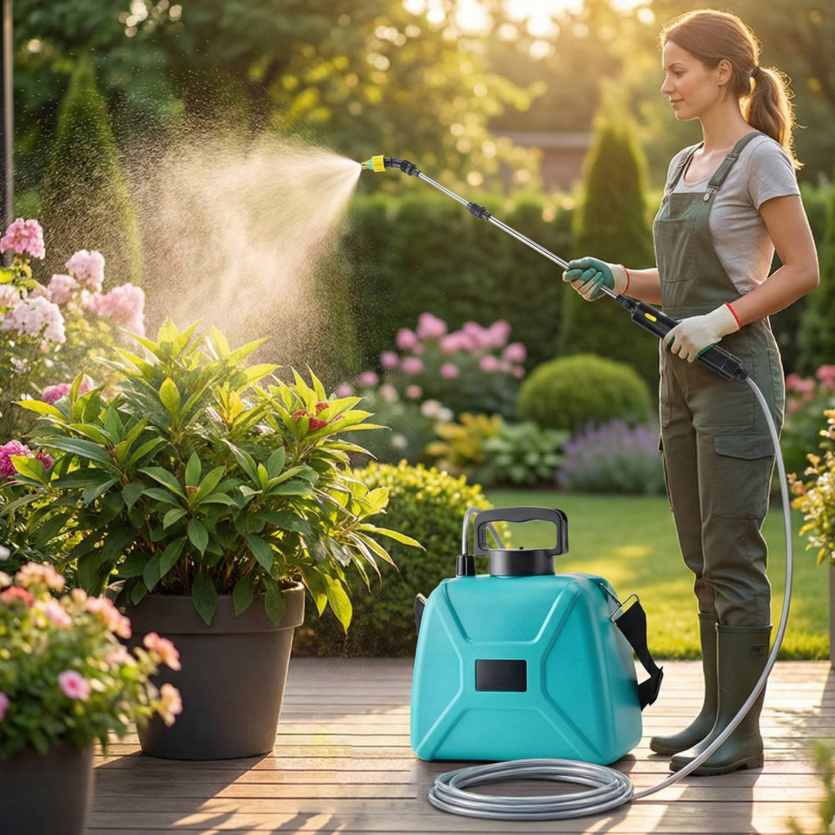 Riafu Rechargeable Electric Garden Sprayer 5L, Battery Powered Plant Sprayer with 3 Nozzles