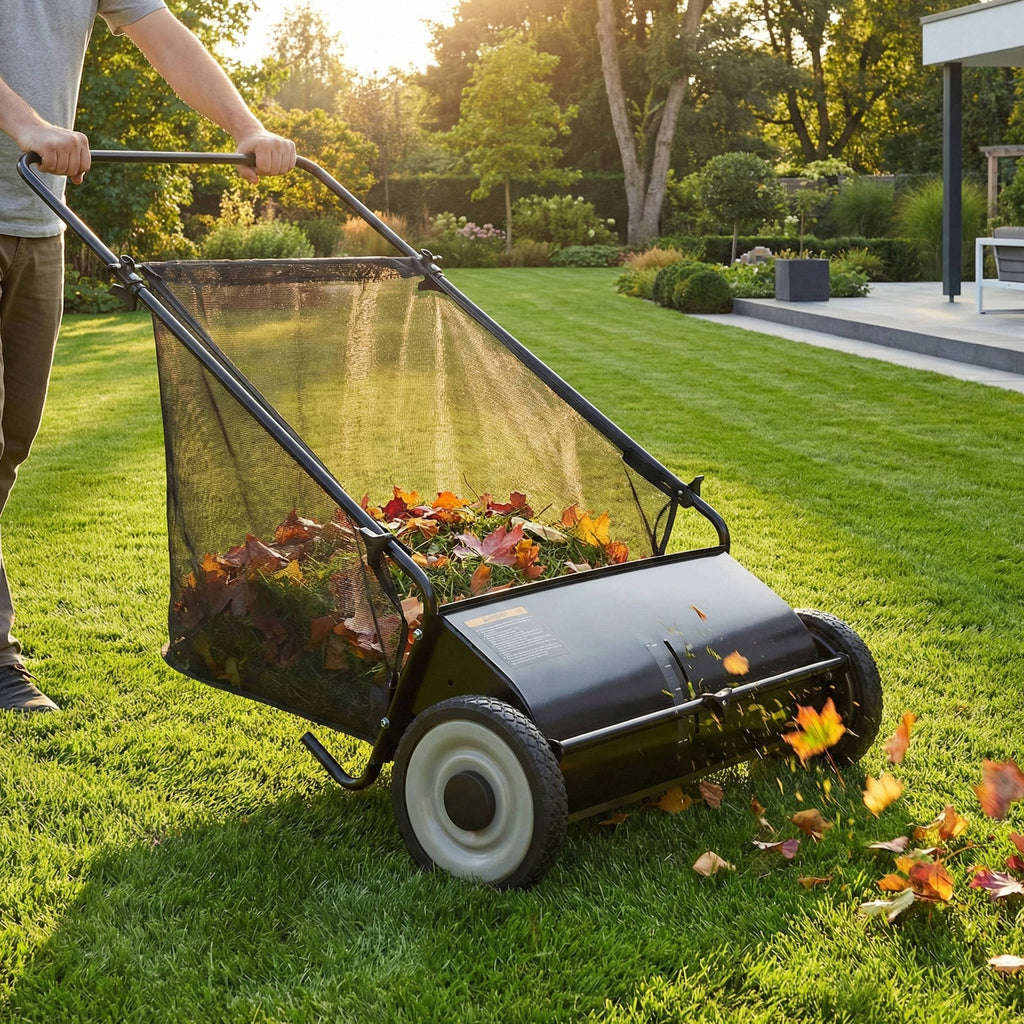 Riafu Push Lawn Sweeper 26 Inch 7 Cu Ft Leaf Collector with Adjustable Height Manual Grass Sweeper for Yard Garden
