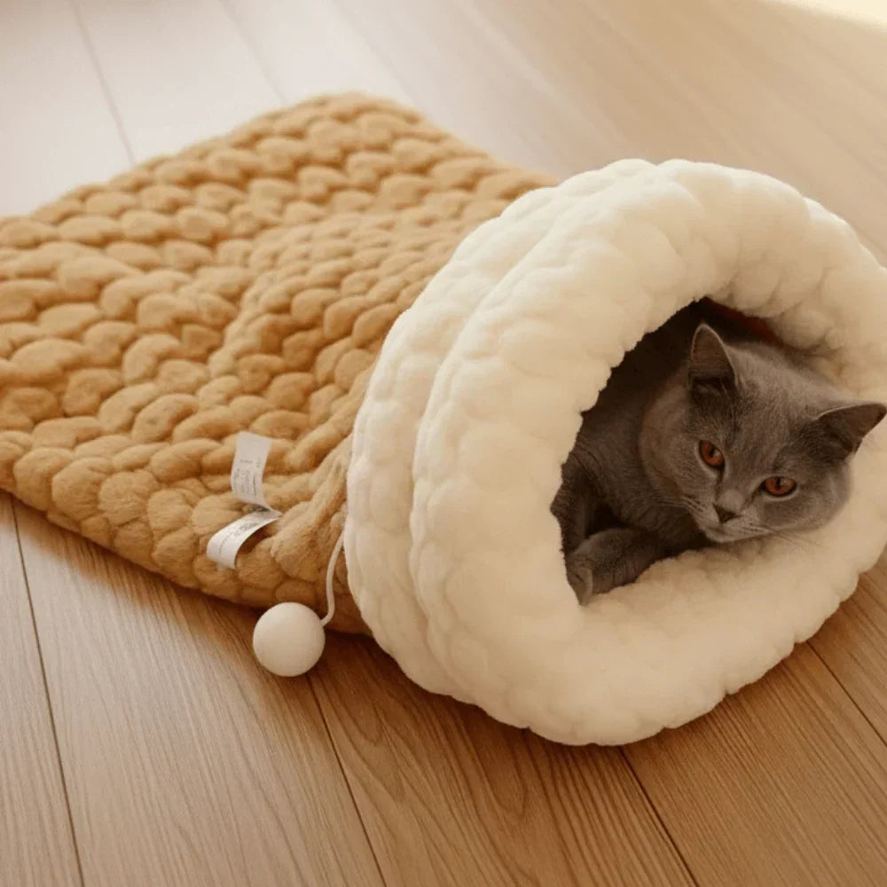 Plush Cat Sleeping Bag with Semi Enclosed Design and Washable Design