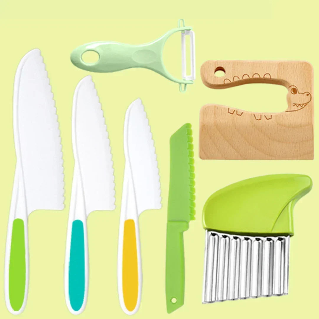 Kids Kitchen Tool Set with Plastic Knives, Bowls and Measuring Spoons