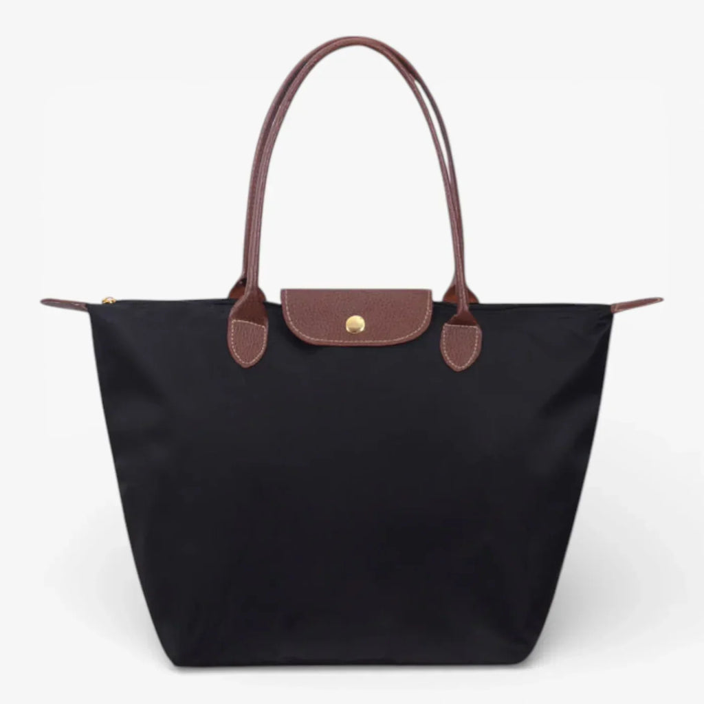 Nylon Carry Bag with Leather Trim and Zipper Closure for Women
