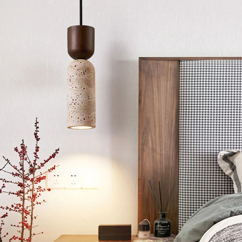 Bedside Pendant Light Travertine Shade & Wood Accent Adjustable Drop