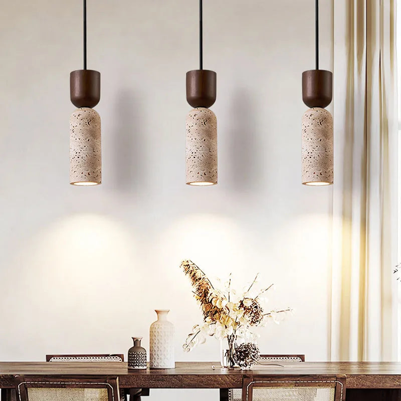 Bedside Pendant Light Travertine Shade & Wood Accent Adjustable Drop