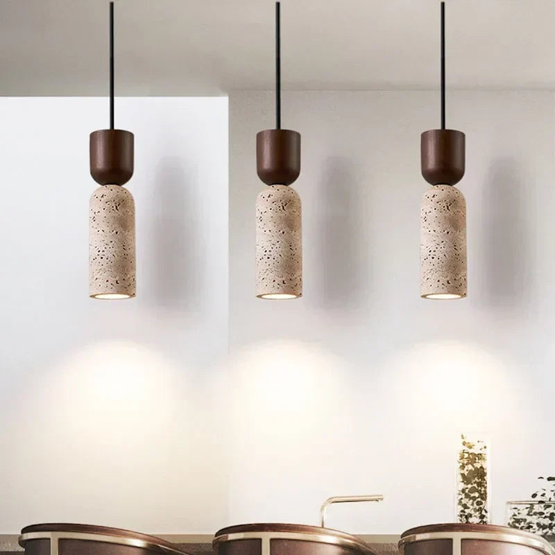 Bedside Pendant Light Travertine Shade & Wood Accent Adjustable Drop