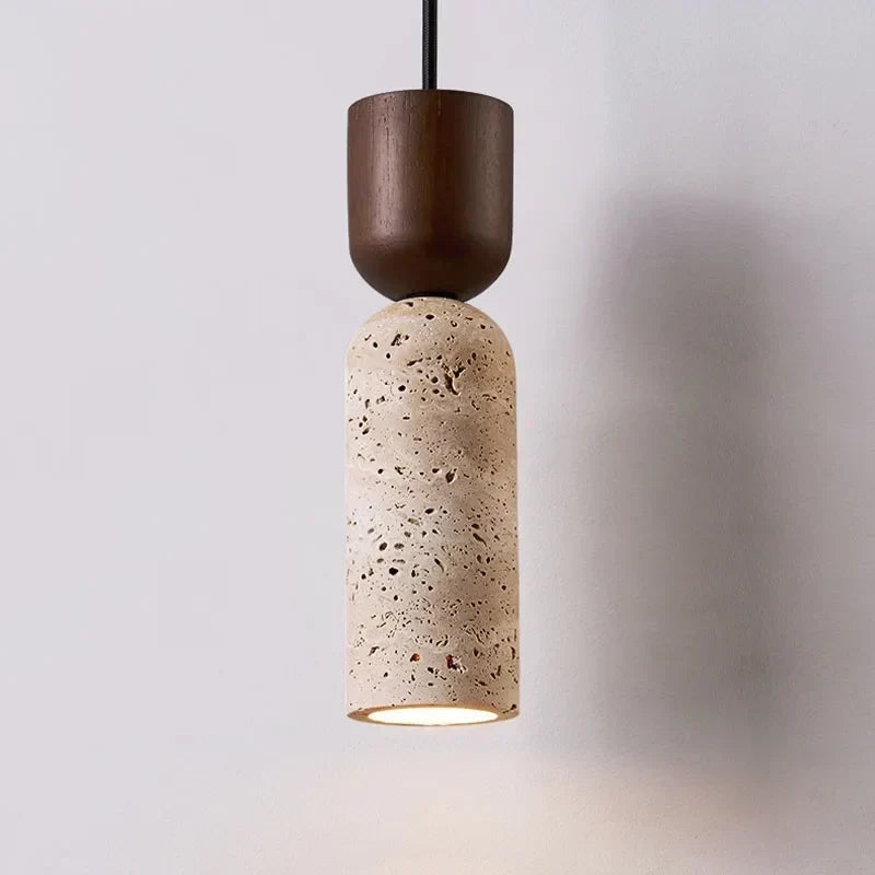 Bedside Pendant Light Travertine Shade & Wood Accent Adjustable Drop