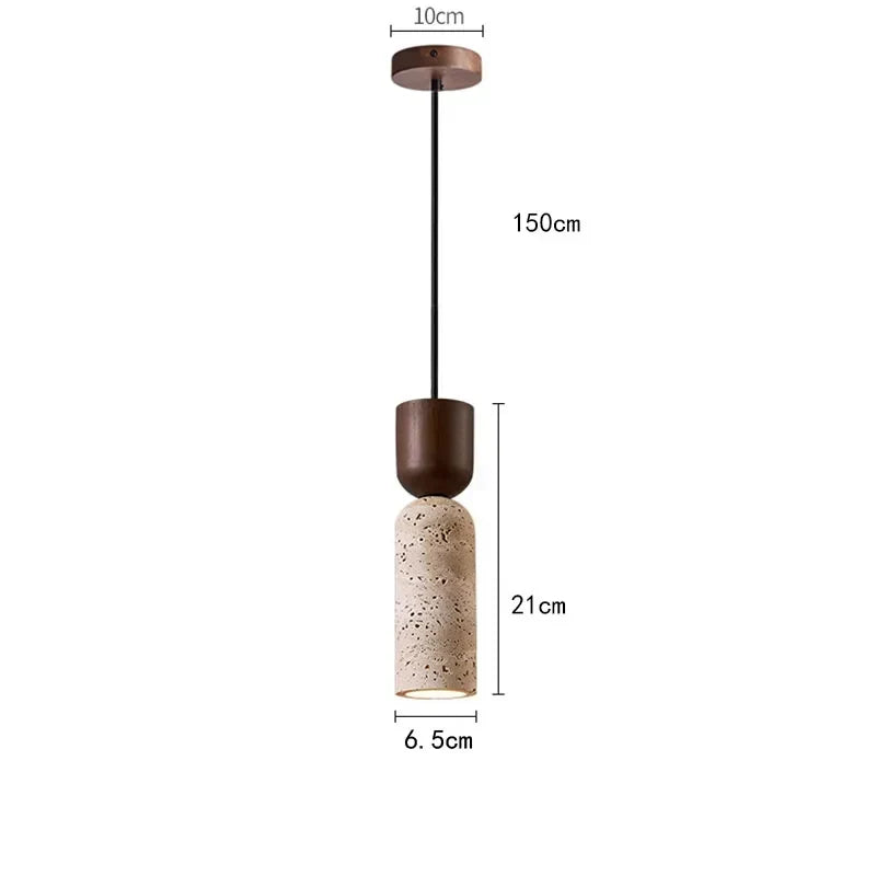 Bedside Pendant Light Travertine Shade & Wood Accent Adjustable Drop