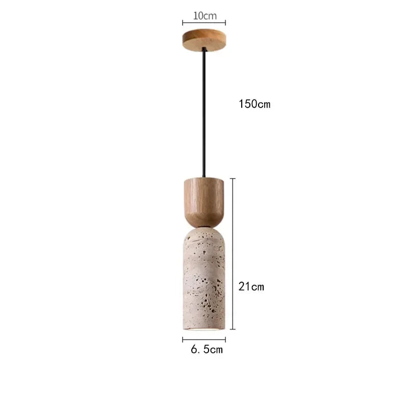 Bedside Pendant Light Travertine Shade & Wood Accent Adjustable Drop