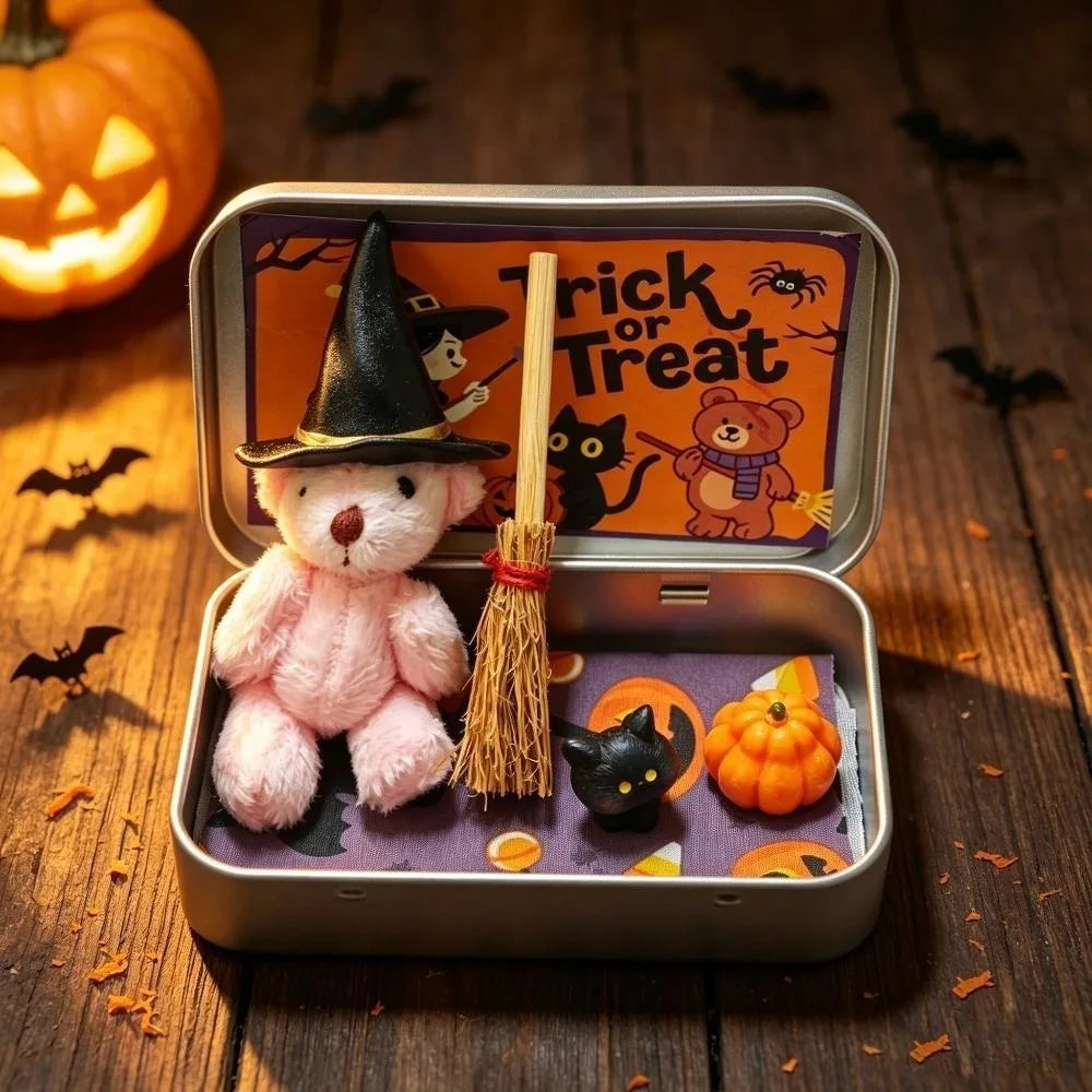 Halloween Mini Witch Bear Gift Set in Tin Box with Ornaments