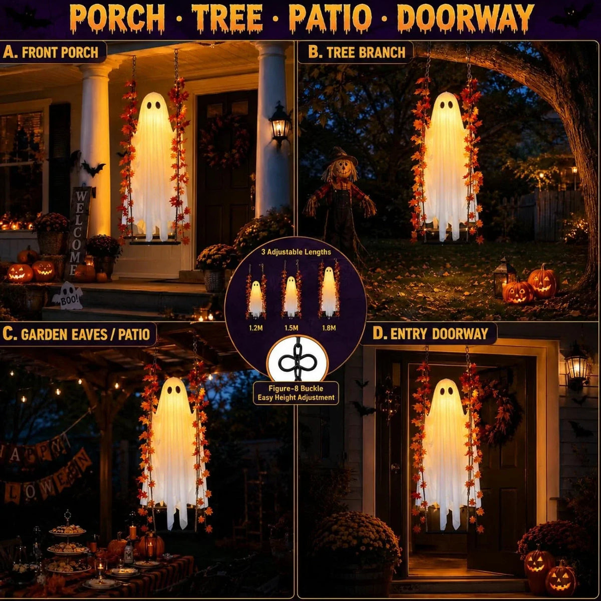 Hanging Swing Ghost Halloween Decor with LED Lights and Remote