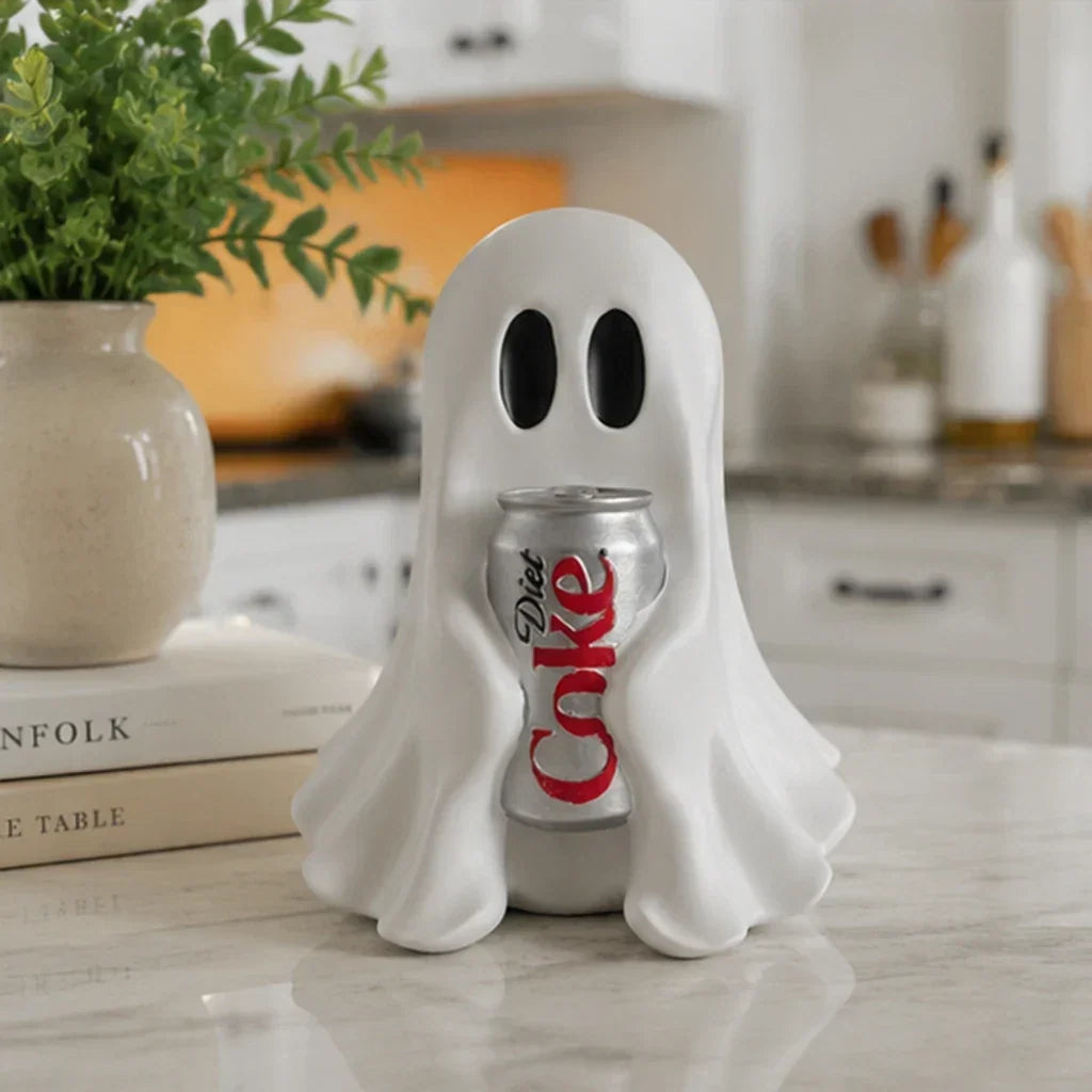 Ghost Holding Soda Can Resin Figurine, Funny Halloween Desk Decor