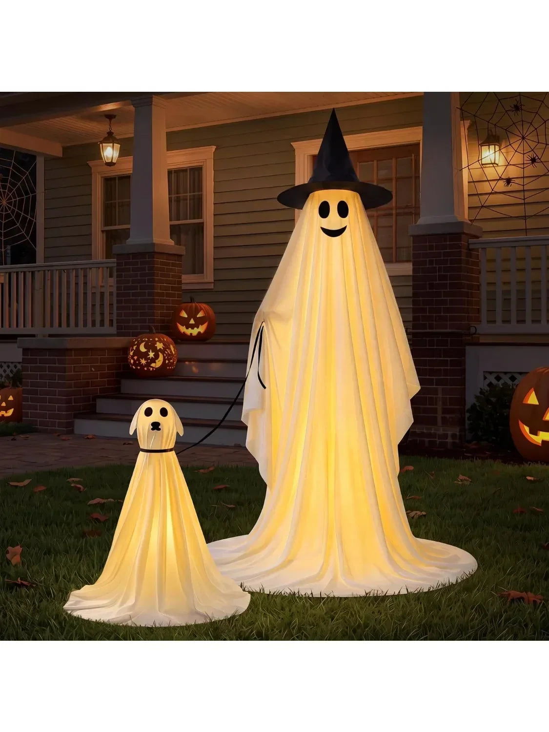 55 Inch Halloween Ghost and Ghost Dog Set with Warm LED Lights