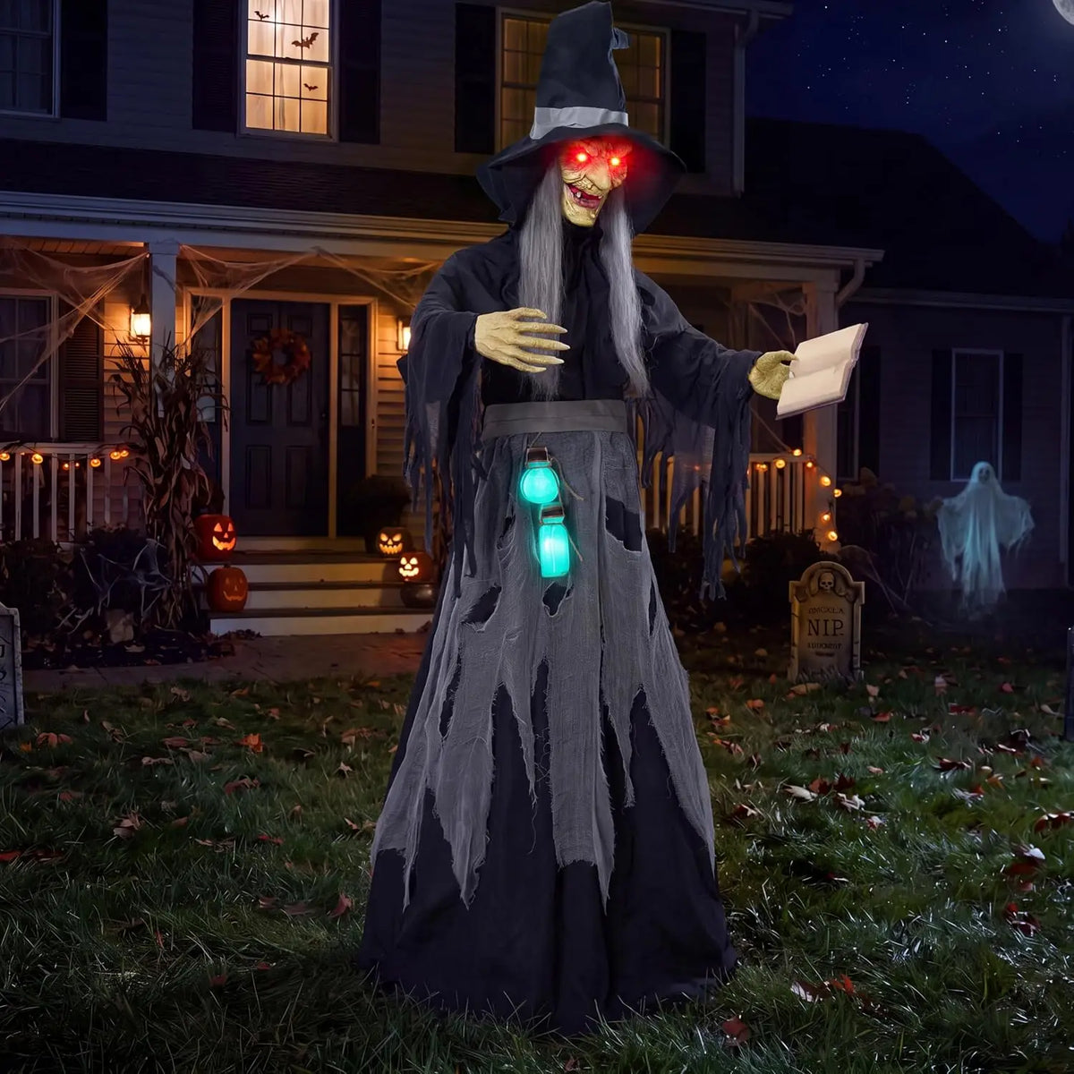72 Inch Animated Witch with Spellbook Halloween Prop, Red Eyes