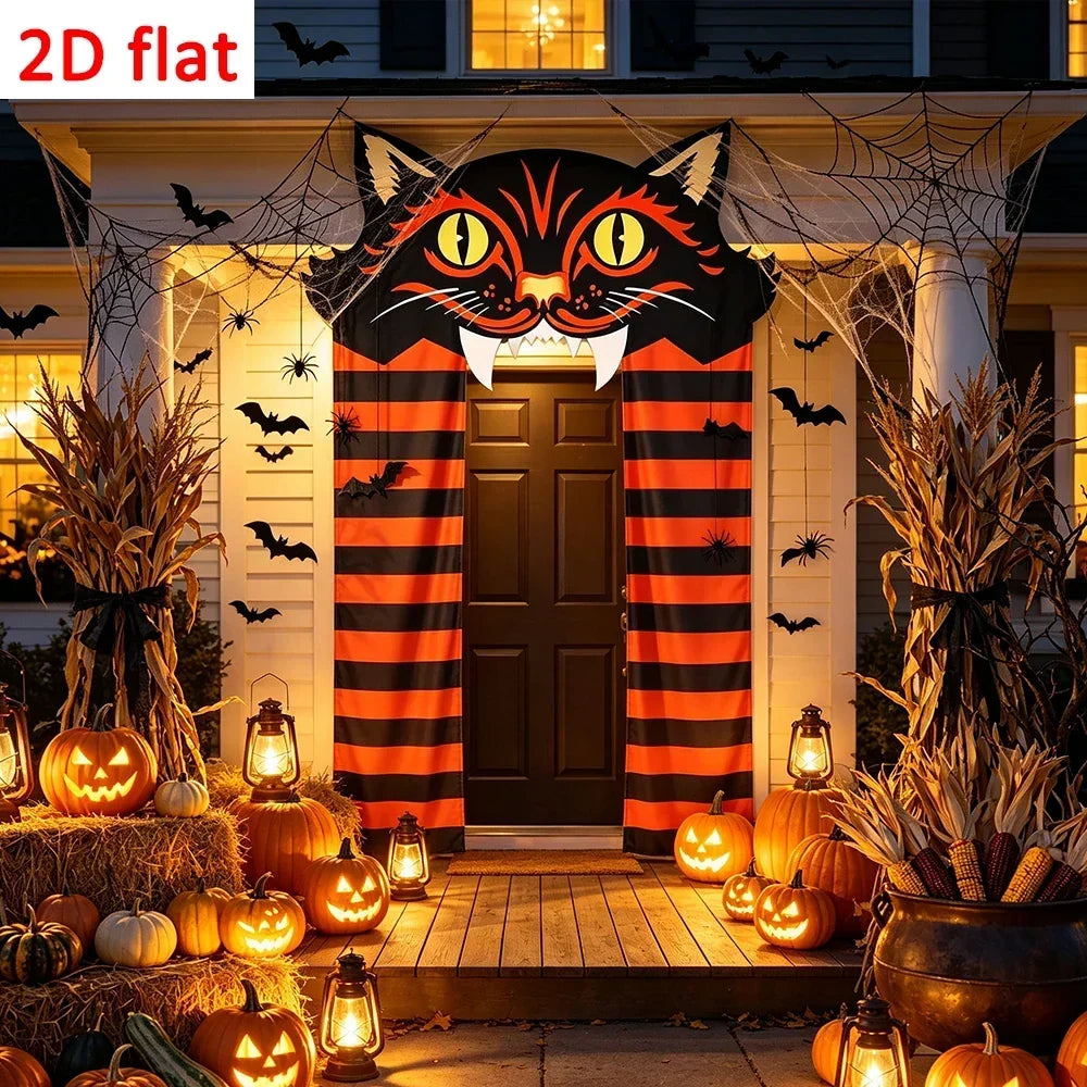 Black Cat Halloween Door Curtain, Orange and Black Striped Banner