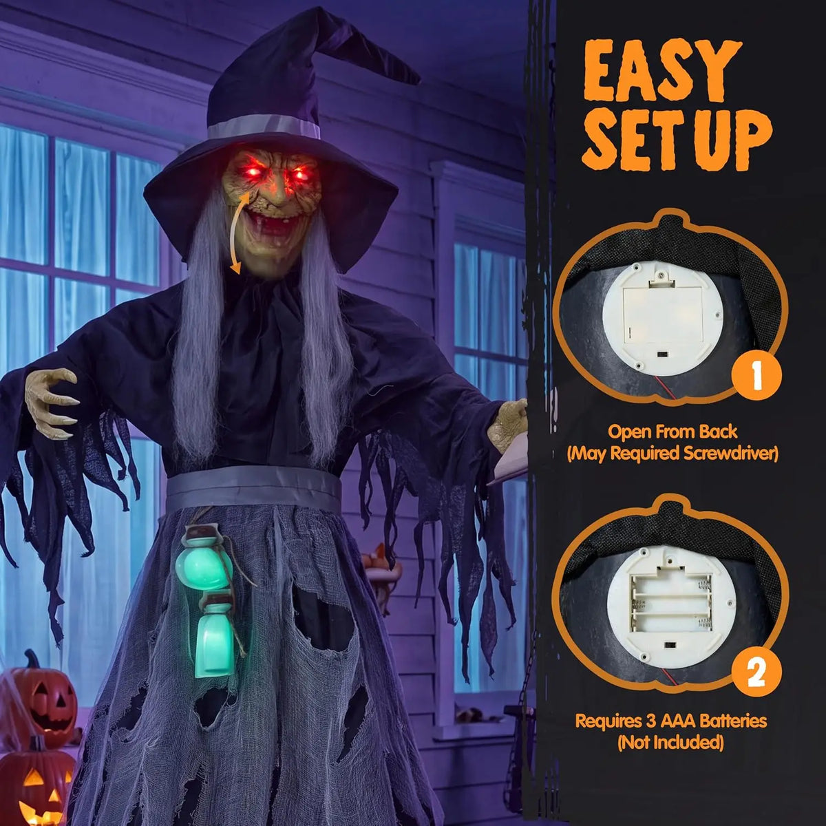 72 Inch Animated Witch with Spellbook Halloween Prop, Red Eyes