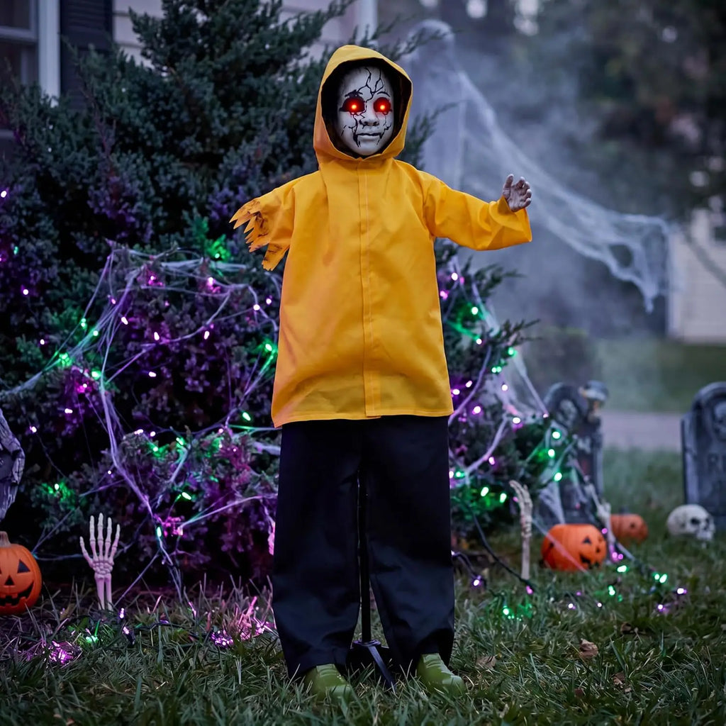 49 Inch Animatronic Raincoat Boy Halloween Prop with Glowing Eyes