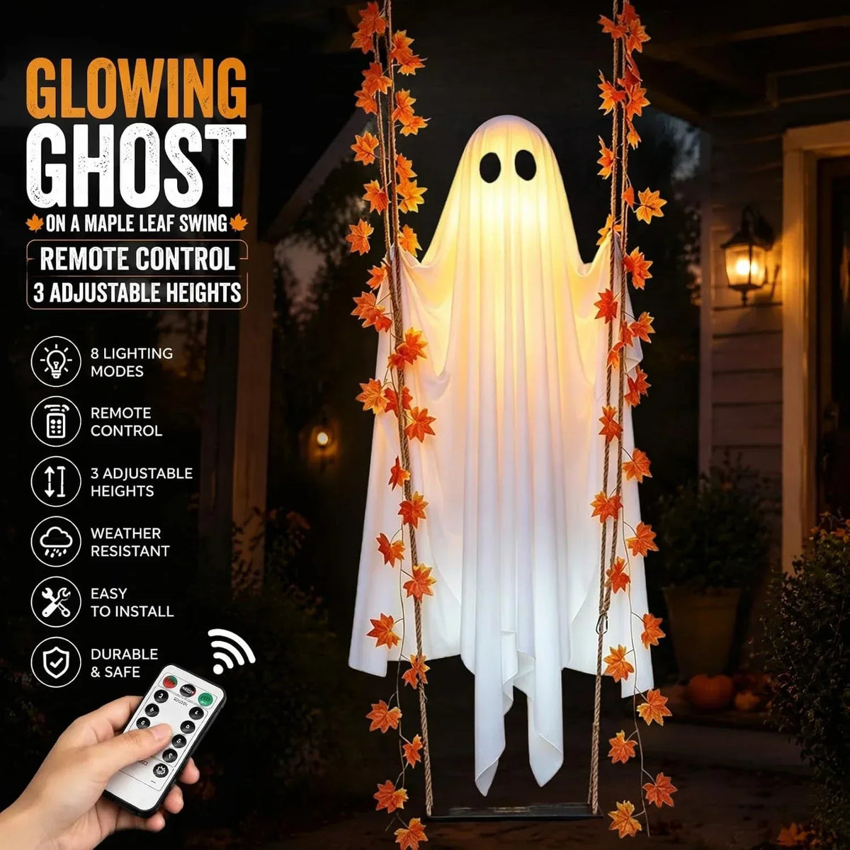 Hanging Swing Ghost Halloween Decor with LED Lights and Remote
