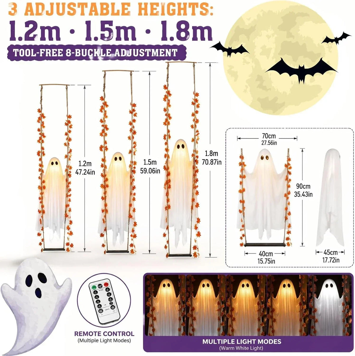 Hanging Swing Ghost Halloween Decor with LED Lights and Remote