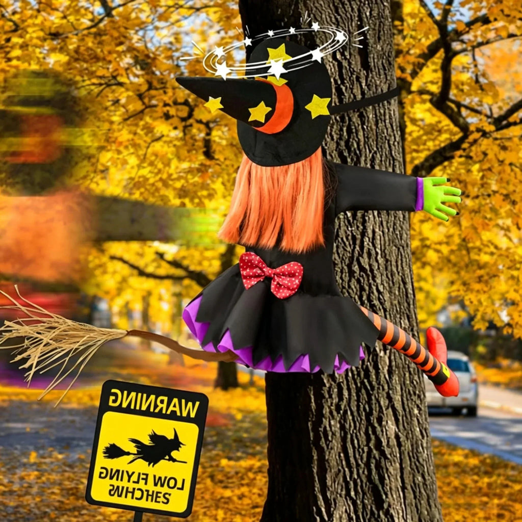 Crashing Witch Into Tree Halloween Decoration, Funny Yard Prop