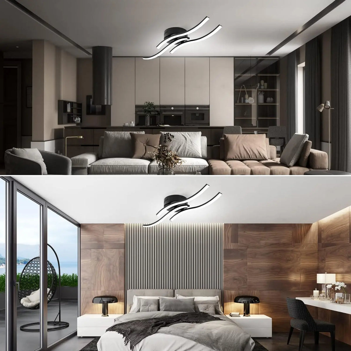 Modern LED Ceiling Light | Triple Wave Design Black Frame