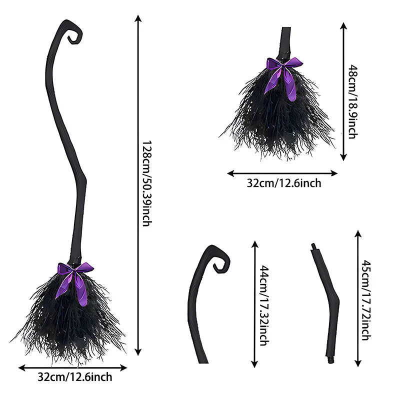 Halloween Witch Broom Costume Prop with Colorful Ribbons, Black